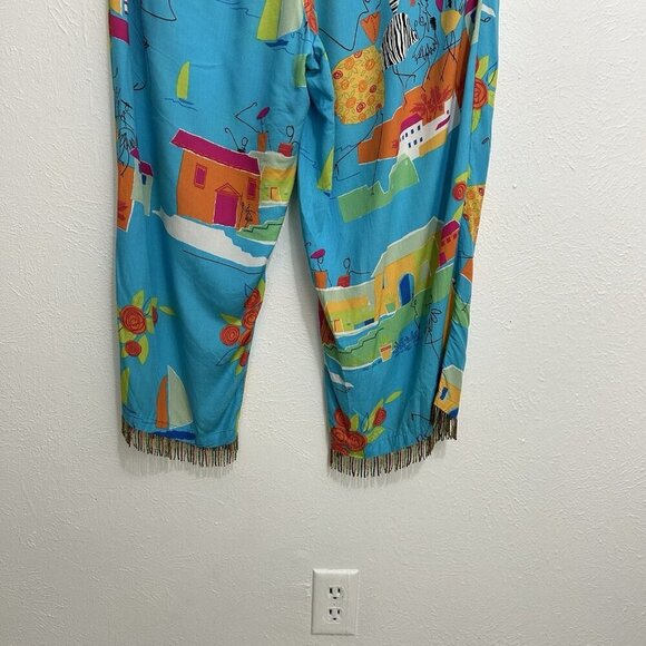 VTG 90s Paradise Turquoise Beaded Novelty Print 1X Pants Resort Wear Beach Fish - Picture 8 of 11